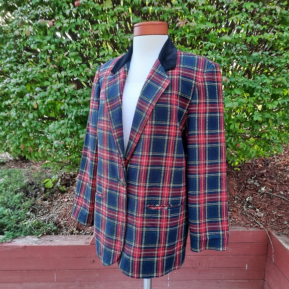 Vintage Y2K Tartan Plaid Wool and Velvet Collar Blazer Winter Classic - Picture 5 of 11